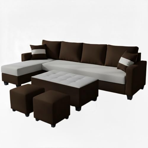 Image of CASASTYLE Adonway 8 Seater Fabric LHS L Shape Sofa Set (Light Grey-Dark Brown) Premium Velvet Finish | Ideal for Living Rooms