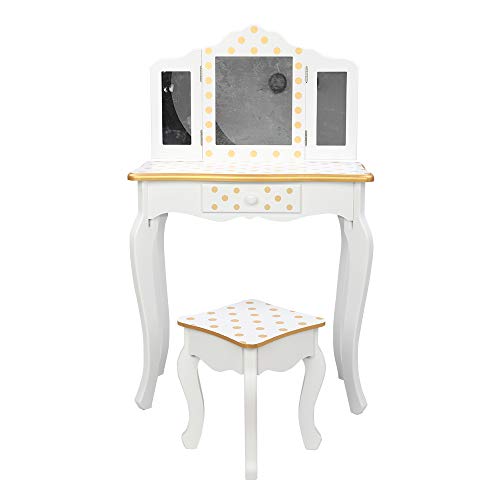 Image of Vanity Set,ShyneeMakeup Dressing Vanity Set Wooden Princess Makeup Table with Cushioned Stool,Drawer,Wooden Legs and Mirror, Make Up Dressing Play Set for Girls (Yellow dots)