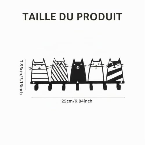 Porte-clés moderne, porte-clés en métal, boîte à clés en métal avec 5 crochets, porte-clés à motif chat avec détails noirs pour chambres, entrées, garages – vue 2