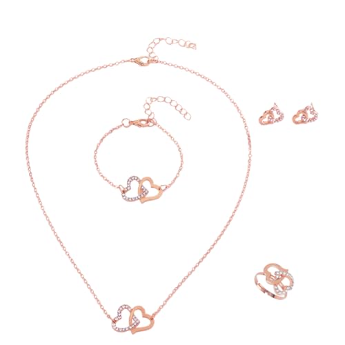 Bcenoilua Schmuck Set Damen und Mädchen Zirkonia Edelstahl Herzform Kette Anhänger Halskette Ohrringe Armband Ring set 18K Vergoldet Versilbert Doppel Herz Schmuckset (Roségold,...