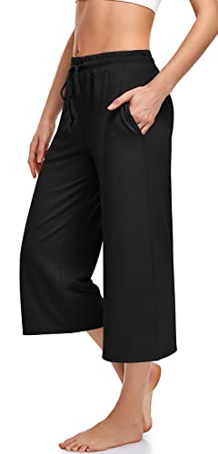 Ueu Womens Capri Pants Casual Summer Loose Yoga Pants Wide Leg Flowy Lounge Pajama Capris Sweatpants Joggers With Pochets(Black,M) #TOP1