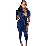 Women's Short Sleeve Jean Jumpsuits Sexy V Neck Skinny Jeans One Piece Bodysuits High Waist Demin...