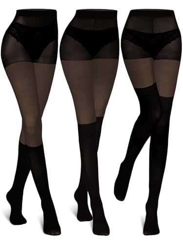 Image of Jansun 3 Pairs Faux Thigh High Fishnet Stockings, Black Opaque Tights Women Fishnet Tights