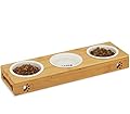 Homiu Bamboo Pet Feeding Station Dog or Cat with Set of 3 Porcelain Bowls Cats and Dogs Raised Eating, Dishwasher Safe, Brown