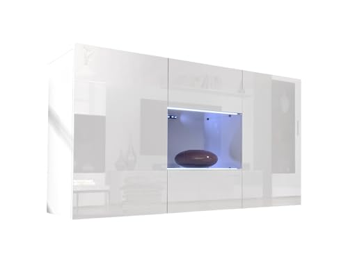 MB Muebles Bonitos, Aparador Colgante Nora A2 para Salón Comedor moderno con Luz LED, Mueble de Melamina y PVC, Color Blanco, 120x70x40cm