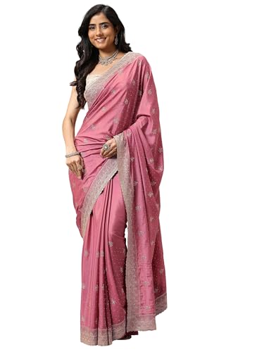 Image of Libas Embellished Satin Saree for Women With Unstitched Blouse Piece | Traditional Saree for Party & Wedding