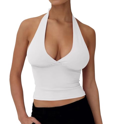 YFANG Women's Sexy Halter Tie Back Deep V Neck Sleeveless Slim Fitted Going Out Crop Tank Top