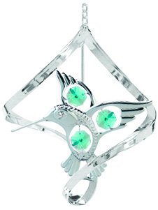 Chrome Plated Fantail Hummingbird Hanging Sun Catcher or Ornament with Green Color Mascot Austrian Crystals