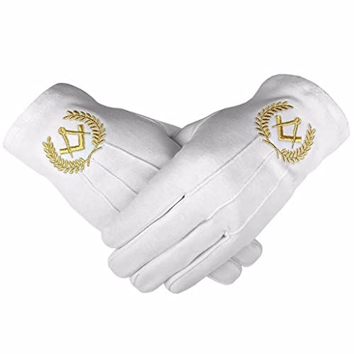 Bricks Masons Masonic Cotton Gloves With Machine Embroidery Square Compass Gold, Medium
