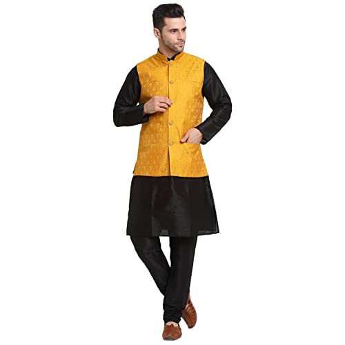 Image of KRAFT INDIA Mens Gold Silk Blend Kurta and Churidar Set With Jacquard Paisley Nehru Jacket