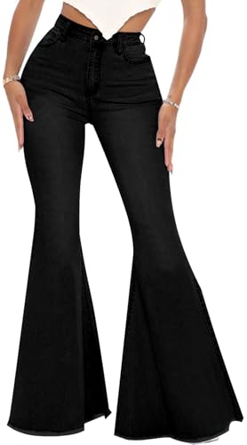 Women's Plus Size Bell Bottom Jeans Elastic High Waisted Flared Jeans 70s Vintage Skinny Classic Raw Hem Wide Leg Denim Pants(Trendy Black,3X-Large)