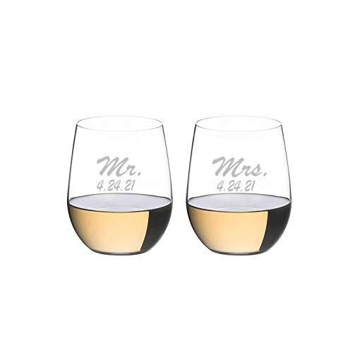 Riedel Personalized O Chardonnay/Viognier Wine Tumblers, Set of 2 Custom Engraved Stemless Wine Glasses for Chardonnay, Chablis, Sauvignon Blanc, Pinot Grigio