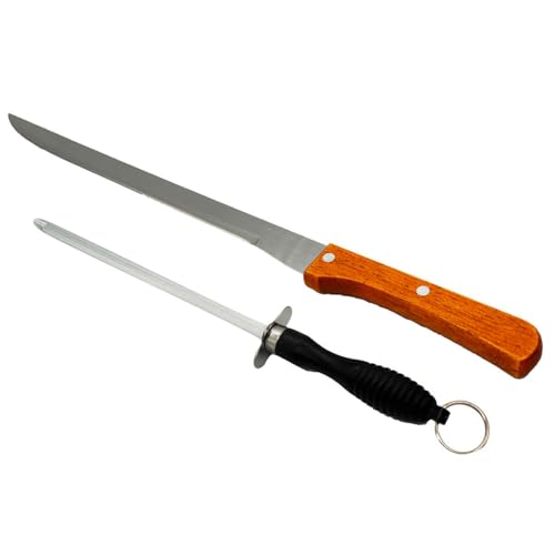 Tradineur - Set de cuchillo jamonero y afilador, acero inoxidable, hoja de 24 cm, mango ergonómico, cortado de jamón, corte preciso y profesional