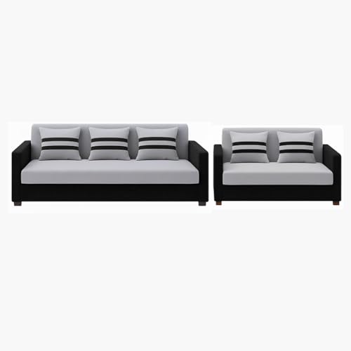 Image of FURNY Lifestylio 5 Seater Fabric 3+2 Sofa Set (Light Grey-Black) Premium Velvet Finish | Ideal for Living Rooms, Offices