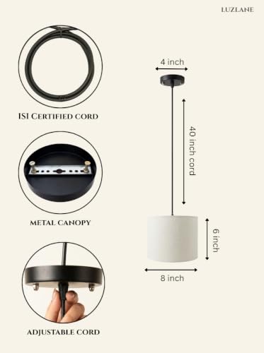 Image of Pendant Lamp 8 Inch Drum Linen Fabric Hanging Light for Ceiling, Beige Color, | Lampshade Hanging Light for Living Room, Bedroom, Cafe & Home Decoration