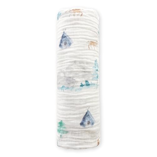 Image of SwaddleDesigns Cotton Muslin Swaddle Blanket, Receiving Blanket for Baby Boys & Girls, Best Registry Gift, 46x46 inches, Watercolor Denim Mountains & Trees