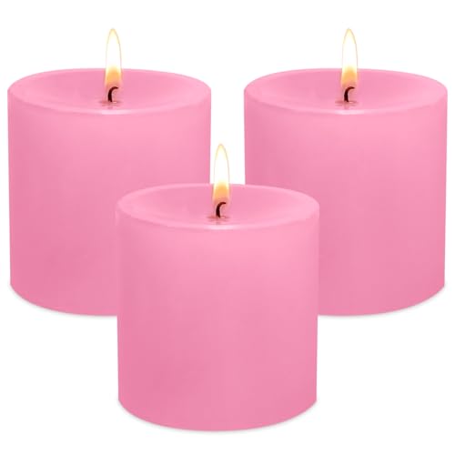 3 Pack Unscented Pink Pillar Candles, 40 Hour 3x3 Inch Dripless Tapered Fat Column Cylinder Candles...