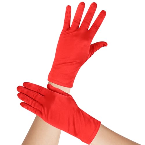 WEIZHENG 1 Pair Womens Short Satin Gloves Opera Gloves Costume Gloves for Weddings Tea Parties Dances and Parties(Red)
