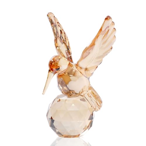 DLXK Crystal Glass Hummingbird Figurine Gold Tiny Bird Statue Hand Blown Glass Animal Sculpture Collectible Paperweight Gift for Women