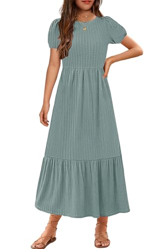 YOVION Girls Maxi Dress Summer Puff Sleeve Crew Neck Tiered Flowy Casual Holiday Dresses with Pockets for 6-12 Y