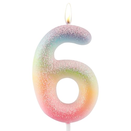 Zolunu Glitter Colorful 6th Birthday Candle, Birthday Number 6 Candle Cake Toppers for Girl Women, Glitter Colorful Themed Party Decorations Supplies Birthday Gifts