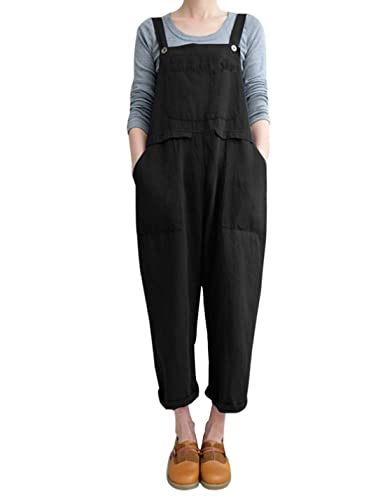 Yeokou Women's Loose Baggy Linen Cotton Summer Overalls Jumpsuits Harem Pants（Black-M） #TOP7