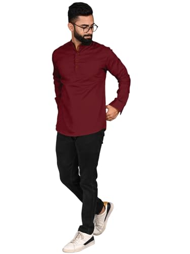Image of ROYALSCOUT Men Cotton Blend Short Kurta with Mandarin Collar and Button Placket | Full Sleeve Regular Fit Ethnic Wear for Casual and Festive Use
