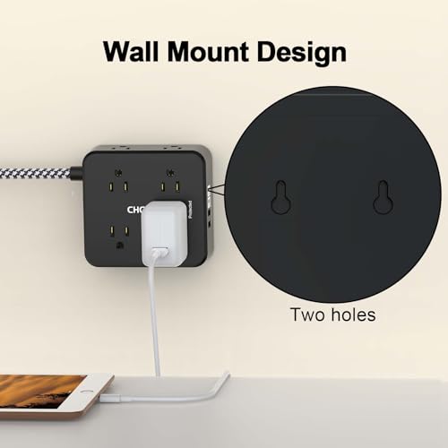 Image of Surge Protector Power Strip - CHCORE 5Ft Braided Extension Cord with 8 Outlets with 4 USB (2 USB C) Charging Ports, Flat Plug Multi Plug Outlet Extender Charging Station for Home Office, ETL, Black