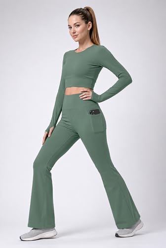 Image of PINAAK FASHION Women's Yoga Co-Ord Set | Full Sleeve Crop Top & Flared High Waist Yoga Pants with Pocket | Thumb Hole Sleeves | Bell Bottom Gym Wear Activewear Tracksuit for Workout, Running & Lounge