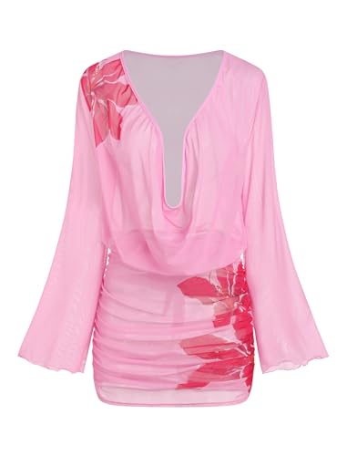 Image of ZAFUL Womens Swimsuit Cover Up Dress Draped Neck Tie Waist Coverup Bathing Suit Mesh Swim Beach Dress
