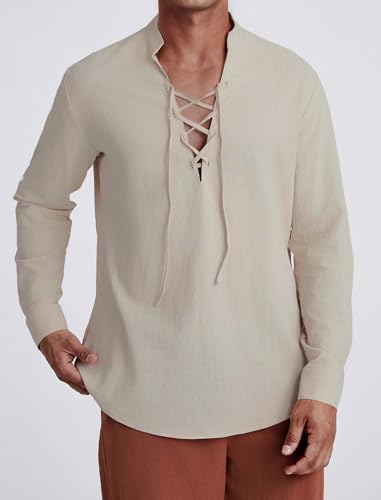Enlision Camisas de Lino y algodón para Hombre con Cordones Estilo Medieval Vintage de Manga Larga clásicas escocesas jacobitas Estilo Ghillie Color Caqui Tallas M