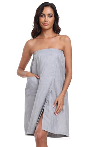 Image of Women's Bath Towel Wrap Waffle Spa Body Wrap with Adjustable Closure Quick Dry Lightweight Towel Robes with Pocket, Grey L /XL