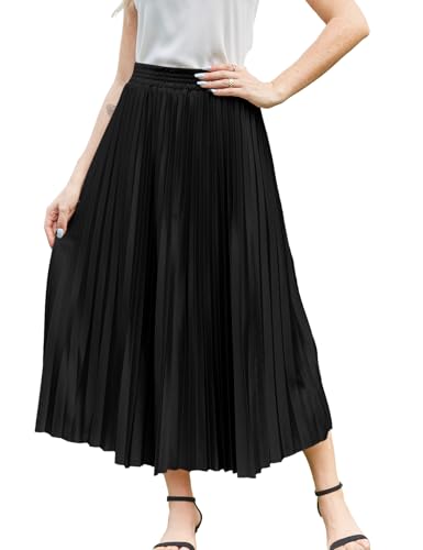 Flygo Pleated Skirts for Women Elastic High Waist A-Line Midi Skirt Casual Flowy Swing Pleated Skirt