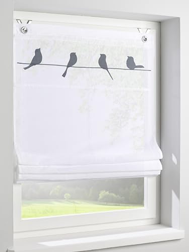 Estor con diseño de pájaros, color gris, con ojales, para ventanas de tamaño 60 x 140 cm, montaje sin taladrar