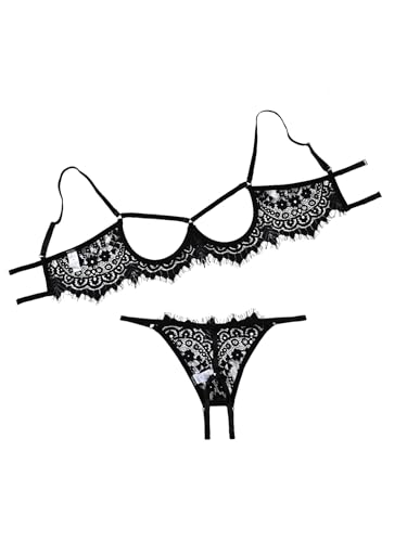 Image of Lilosy Sexy Underwire Floral Lace Sheer Lingerie Set for Women See Through Bra and Panty 2 Piece