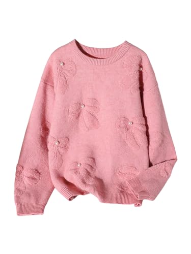 Image of BEAUDRM Girl's Cute Bow Sweater Crew Neck Long Sleeve Drop Shoulder Loose Pullover Tops