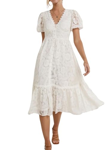 utcoco Lace Dress for Women 2025 V-Neck Lantern Sleeve Hollow Out Button Down Slim High Wasit Midi Dress