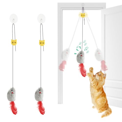 FYNIGO 2 Pack Door Hanging Cat Toy with Squeaky Sound, Interactive Cat Mouse Toys for Indoor Cats Adult Kitten, No Batteries Required