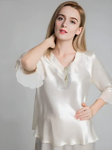 L E V I N E Women 100% Soft Handmade Silk Pajama Set V-Neck Button Short Sleeve Longwear Pants Sleeping Dress #TOP1