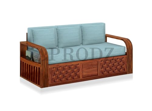 Image of APRODZ Solid Sheesham Wood Sofa Cum Bed 3 Seater Velevt Fabric with Blue Upholstery & Cushion Perfect Sofa Furniture for Home Living Office Room and Guests (Honey Finish 75x69x30-Inch)