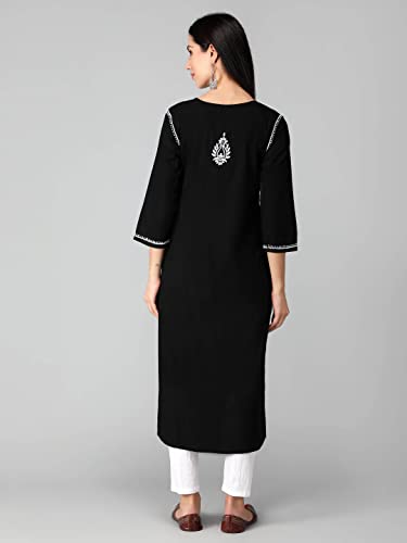 Image of Seva Chikan Hand Embroidered Lucknowi Chikankari Regular Straight Cotton Kurta Kurti for Women SCL4243