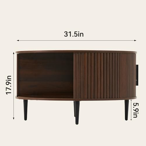 Image of Mid Century Fluted Round Coffee Table for Living Room, Walnut | 31.5 inch Modern Coffee Table with Storage, Small Center Table with Flip-Top