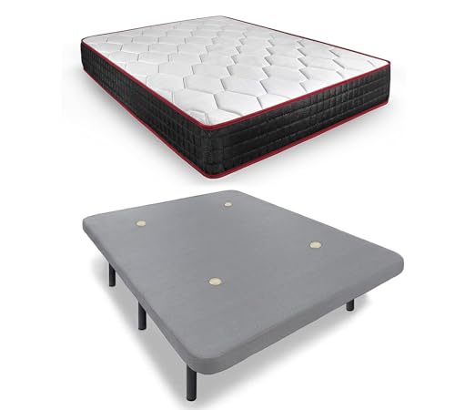 HOGAR24 ES | Base Tapizada en Tejido 3D Color Gris + Colchón Viscoelástico Memory Premier | Incluye Juego de Patas de 32 cm | Medidas: 105x190 cm