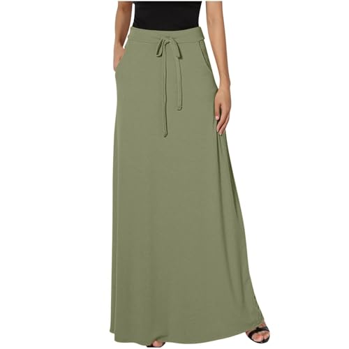 Womens Maxi Skirt Elastic Basic Solid Tie Dye Foldable High Waisted Midi Length Plus Size A-Line Skirts with Pockets(Army Green,XX-Large)