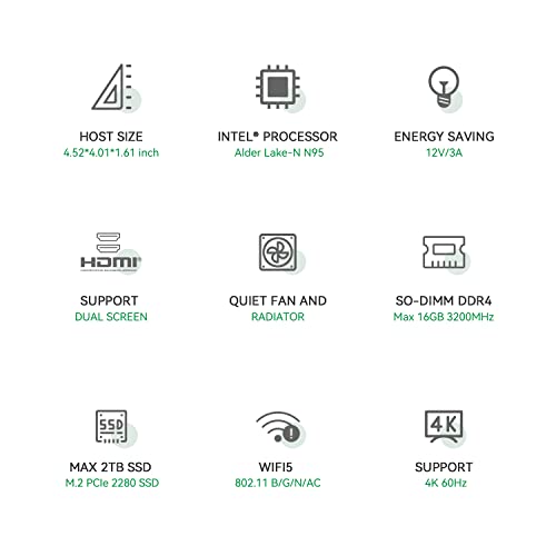 TRIGKEY Mini PC Neueste 12th Gen Intel Alder Lake-N95 Prozessor (bis zu 3,40GHz) Green G4 Mini Computer 11 Pro, 8G DDR4 RAM 256G M.2 NVME PCIE SSD Desktop PC, Dual HDMI, WiFi 5, BT 4.2, USB 3.2 Gen 2 – Bild 3