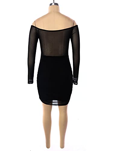 Uni Clau Women Sexy V Neck Mesh Patchwork Bodycon Dress Off Shouler See Through Long Sleeve Bodycon Dress Midi Party Club Dress Black L #TOP4