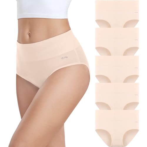 coskefy Underwear Women High Waisted Cotton Knickers Ladies Full Briefs Soft Panties Slight Tummy Control Pants 5 Pack L