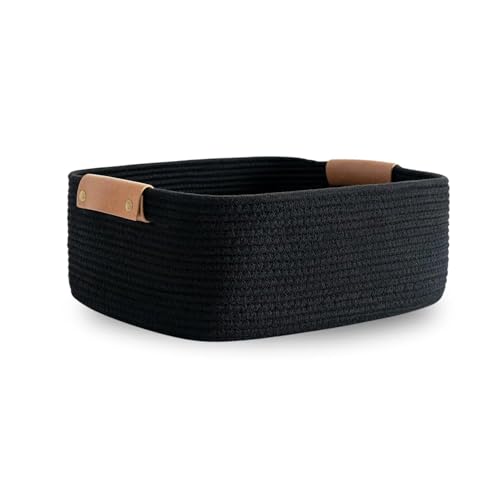 Image of ☆LBY Rectangle Cotton Rope Woven Basket with Handles for Books, Magazines, Toys - Ideal Gift Decorative Basket for Baby Nursery, Living Room (black, medium 12 x 8 x 5 inch)