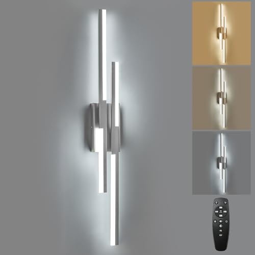 Image of Benkut Modern LED Wall Sconce Silver Remote Wall Light Fixtures for Bathroom, Dimmable Vanity Light Indoor LED Remote Wall Sconce for Living Dining Room Bedside Bedroom(3000-6500K 35.4inch)