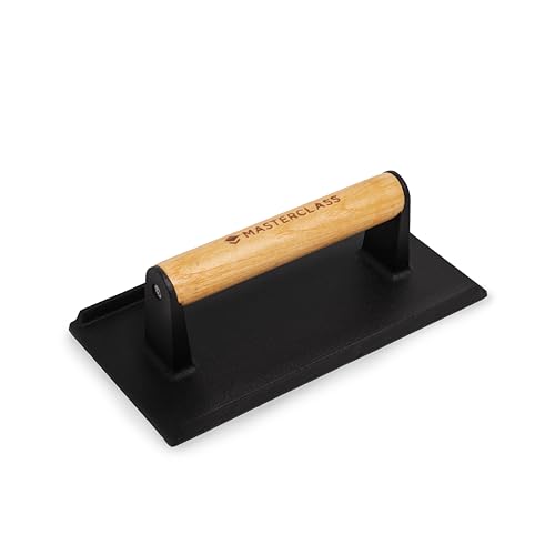 MasterClass Cast Iron Grill Press, Heavy-Duty Steak Weight with Wooden Handle, Burger Press, Accessory for Grill Pan and BBQ, 21cm, Black